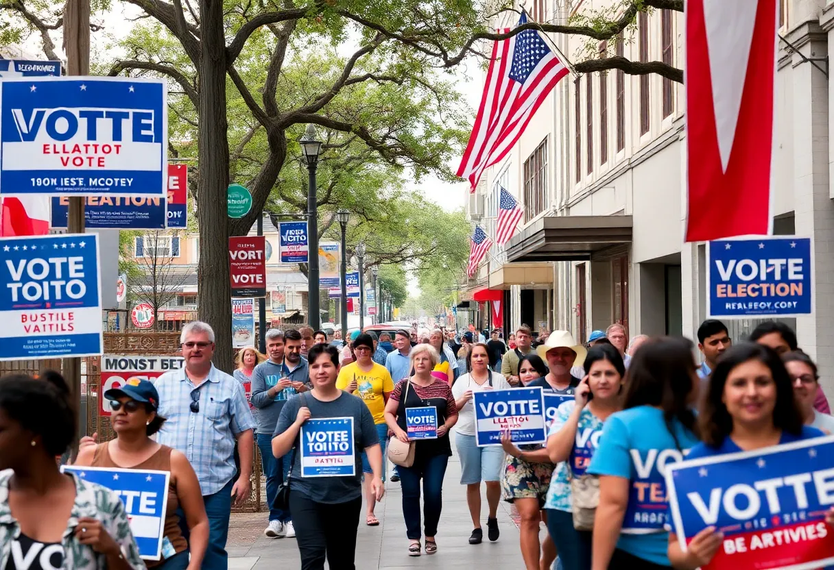 Vibrant San Antonio street scene during election season with campaign posters.