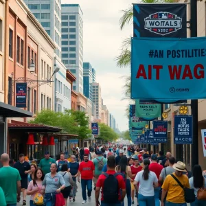 Crowd gathering for the Final Four in San Antonio with banners advocating for hospitality workers wages