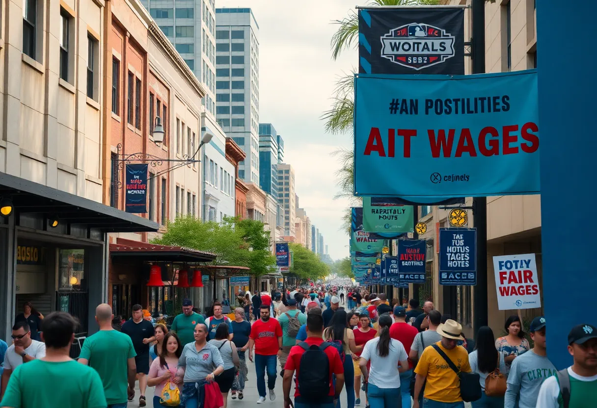 Crowd gathering for the Final Four in San Antonio with banners advocating for hospitality workers wages