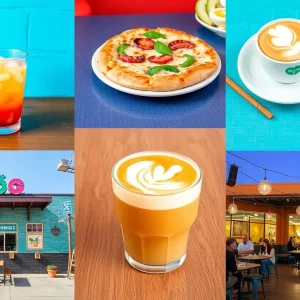 A collage of new food openings in San Antonio, highlighting Candy Cloud, Crust Pizza Co., and Stranded Coffee.