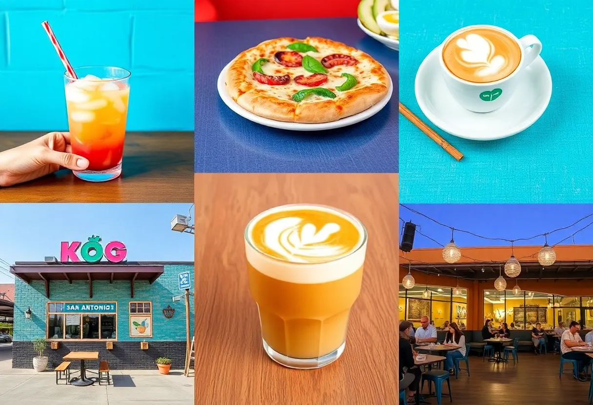 A collage of new food openings in San Antonio, highlighting Candy Cloud, Crust Pizza Co., and Stranded Coffee.