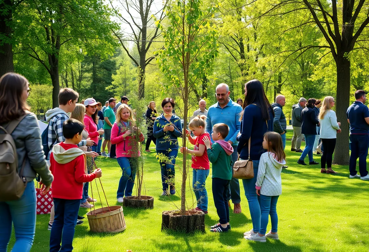 Families participating in a tree giveaway at a park in San Antonio