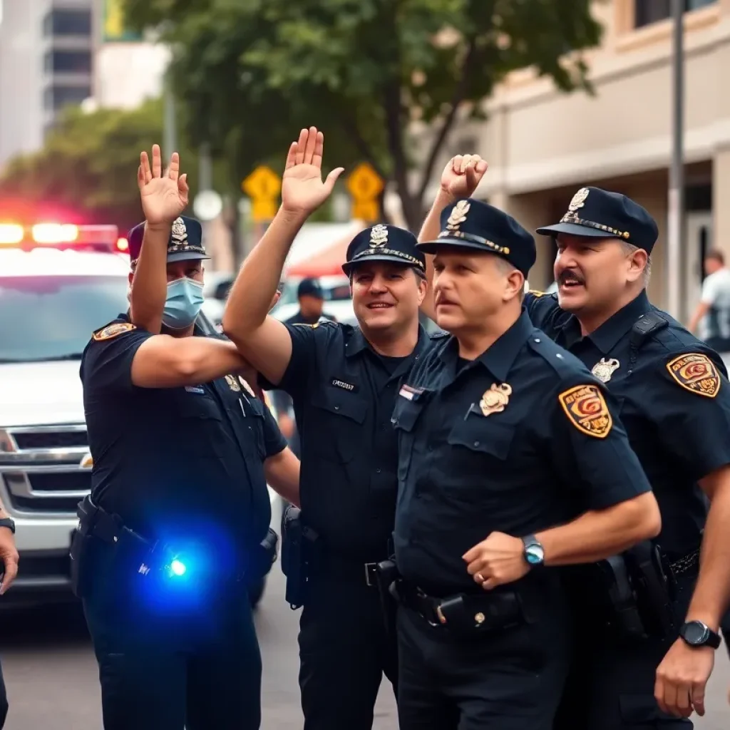 Police officers celebrating the capture of a fugitive in San Antonio