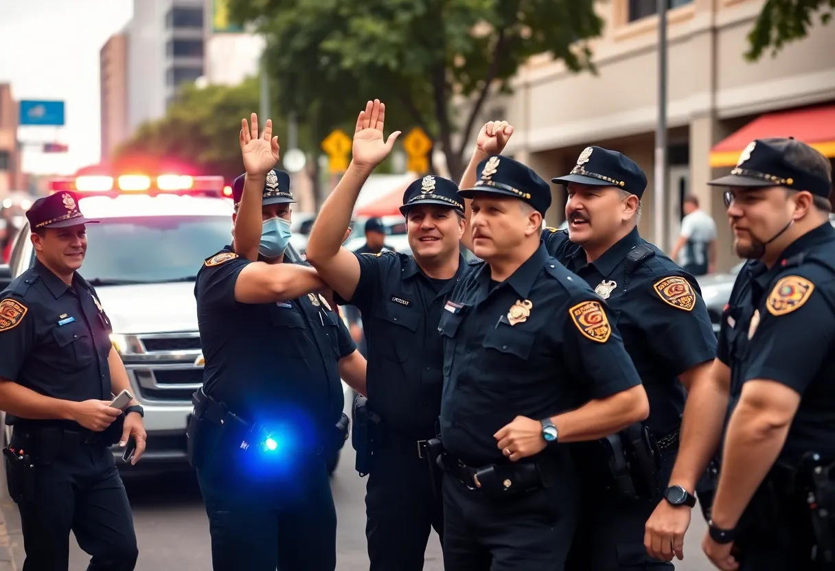 Police officers celebrating the capture of a fugitive in San Antonio