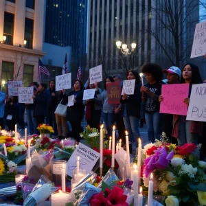 Community members holding candles and signs in a vigil for the Guerra family