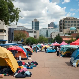 A view of San Antonio highlighting the homelessness crisis