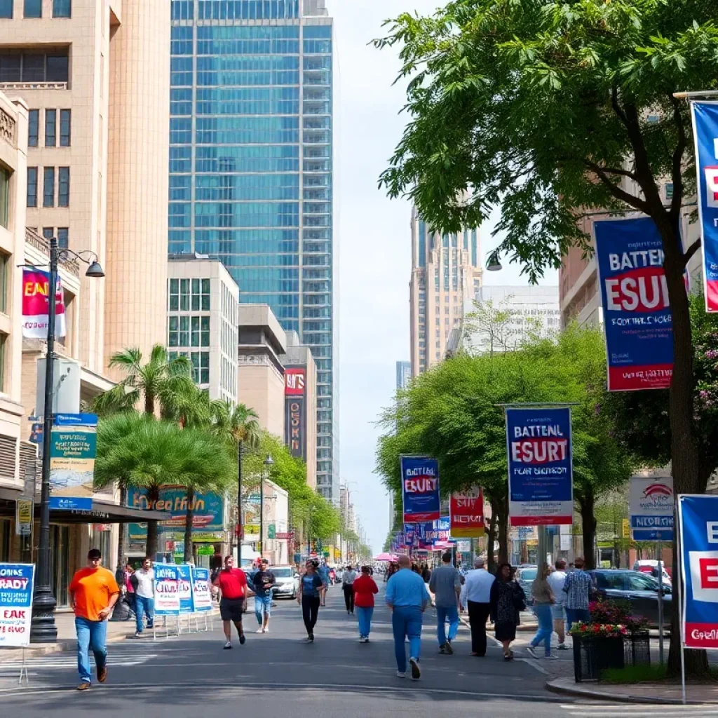 San Antonio cityscape with campaign signs for the mayoral election