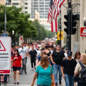 Crowd in San Antonio with a measles warning sign