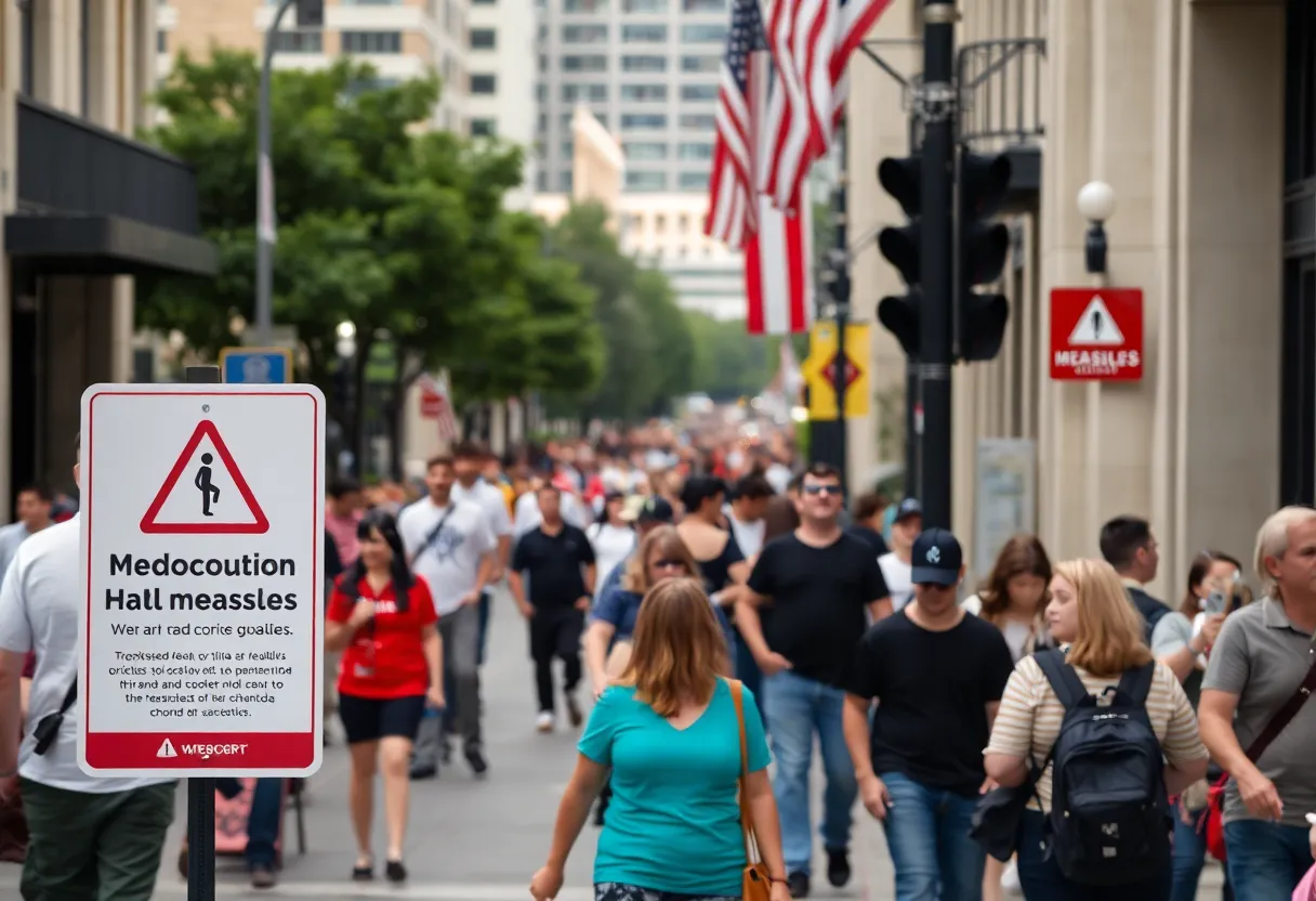 Crowd in San Antonio with a measles warning sign