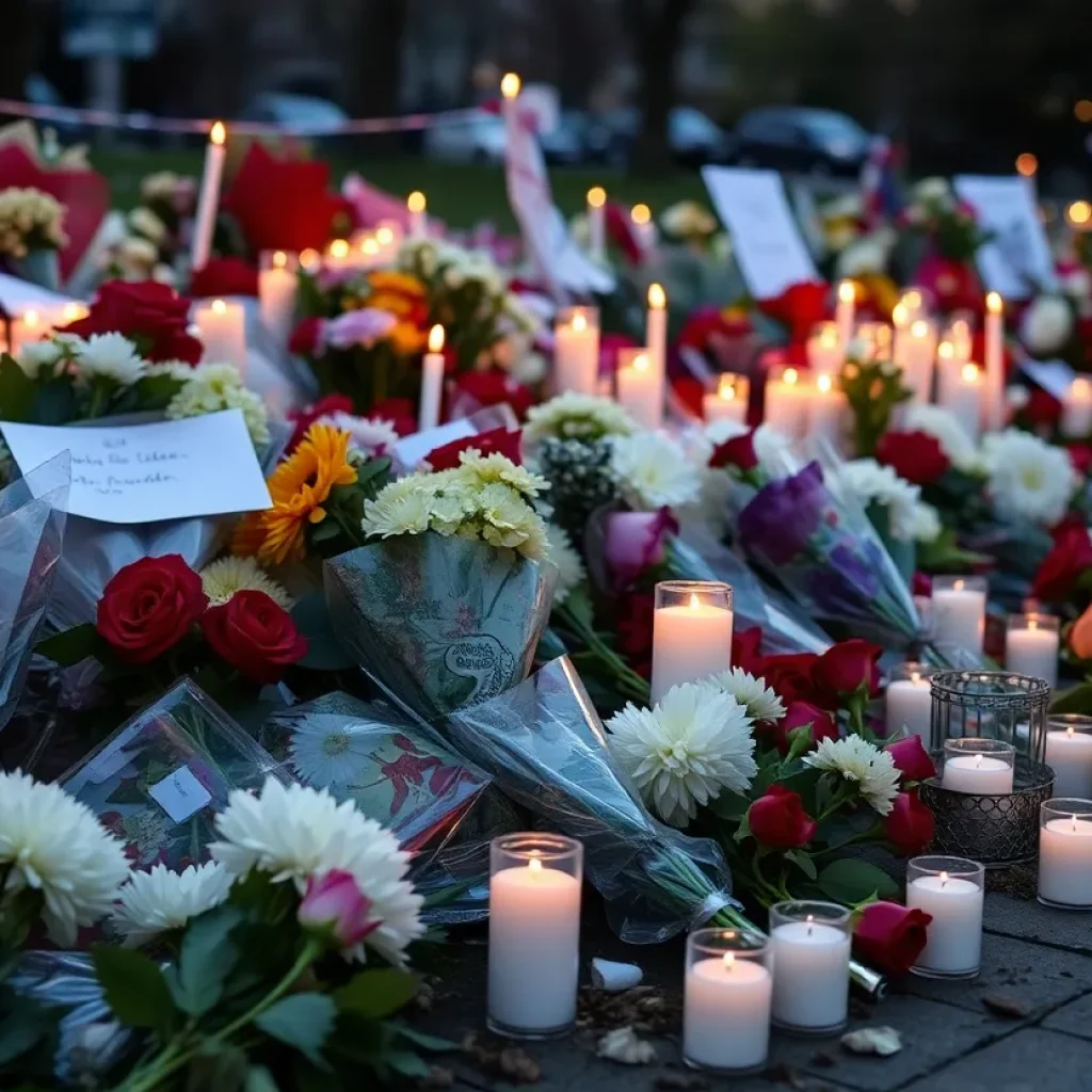 A memorial dedicated to the victims of the San Antonio human smuggling tragedy, featuring flowers and candles.