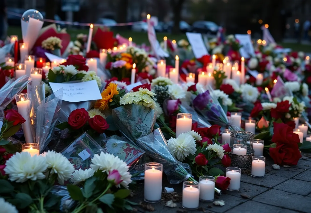 A memorial dedicated to the victims of the San Antonio human smuggling tragedy, featuring flowers and candles.