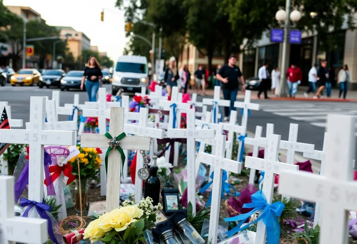 Memorial with 53 crosses in San Antonio honoring migrant victims.