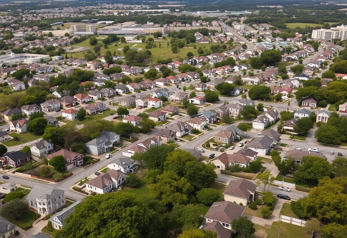 Aerial view of San Antonio showcasing middle-class neighborhoods and city life.