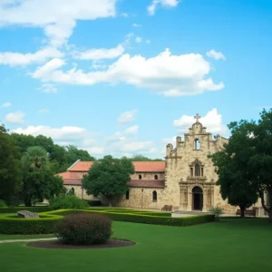 View of San Antonio Missions National Historical Park showcasing historical buildings and surrounding landscape.