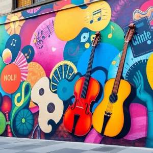 Vibrant mural depicting music culture, showcasing instruments and notes.