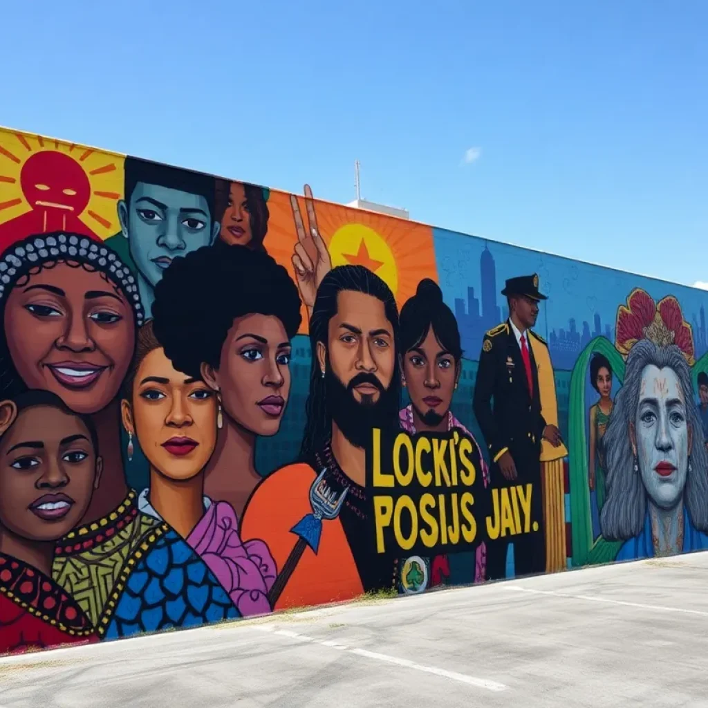 A mural honoring victims of police violence with a backdrop of the San Antonio skyline.