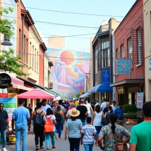 Vibrant neighborhoods of San Antonio with murals and community gatherings.