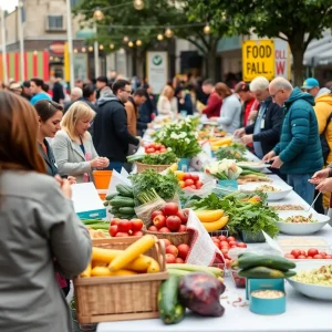 Community gathering for National Nutrition Month in San Antonio with fresh produce and people enjoying food.