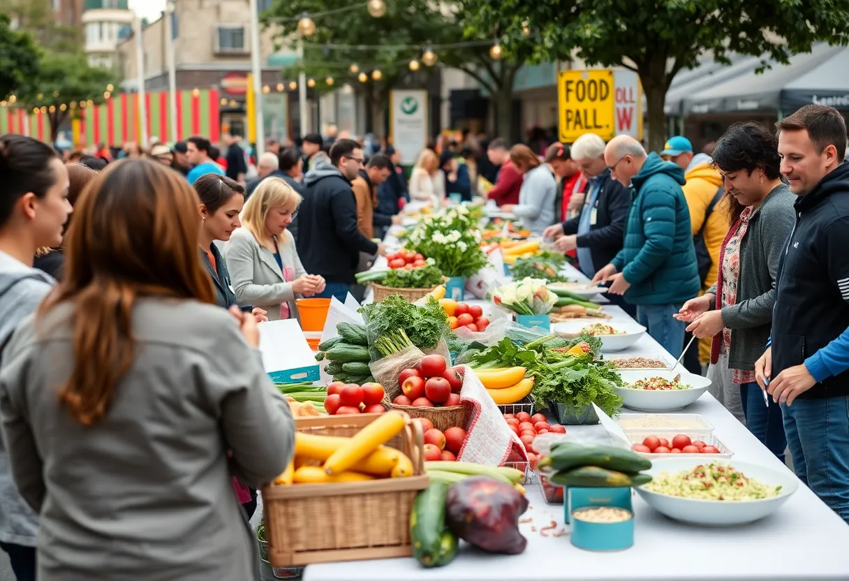 Community gathering for National Nutrition Month in San Antonio with fresh produce and people enjoying food.