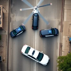 Aerial view of San Antonio showing police vehicles in pursuit during a chaotic incident.