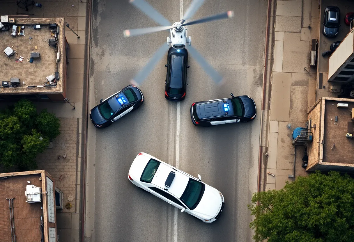 Aerial view of San Antonio showing police vehicles in pursuit during a chaotic incident.