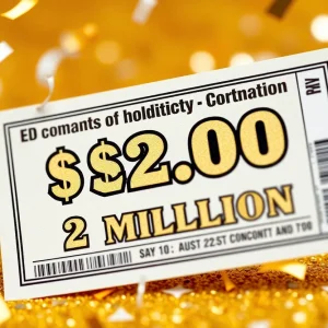 A golden lottery ticket with $2 million caption and confetti.