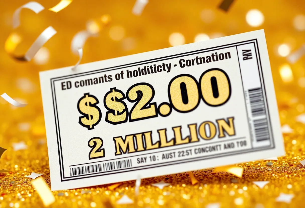 A golden lottery ticket with $2 million caption and confetti.