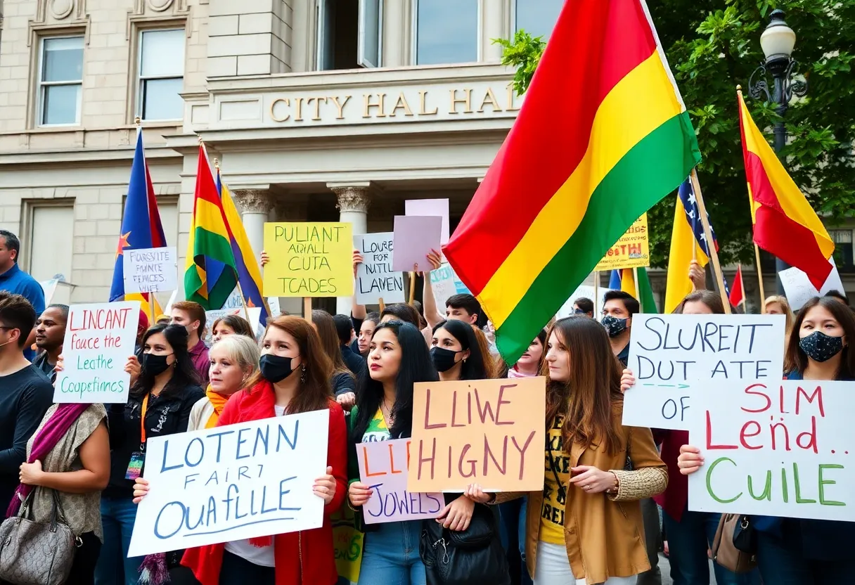 A large group of protesters demonstrating outside city hall in San Antonio.