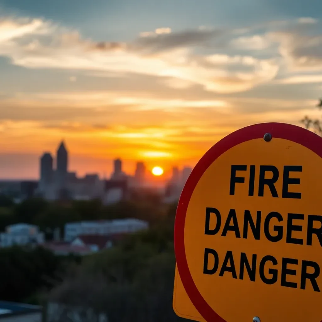 San Antonio skyline with a fire safety warning sign