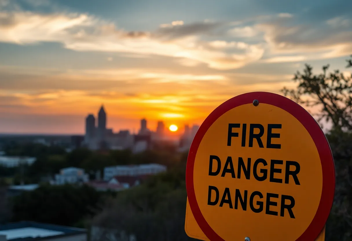 San Antonio skyline with a fire safety warning sign