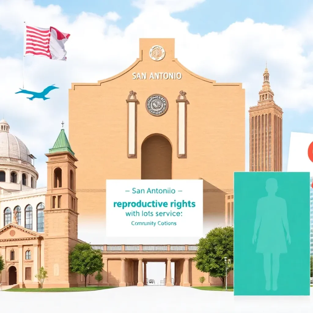 Collage of San Antonio with reproductive rights symbols