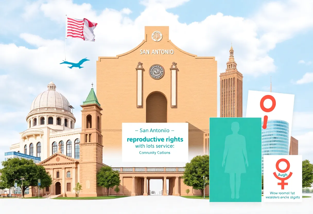 Collage of San Antonio with reproductive rights symbols