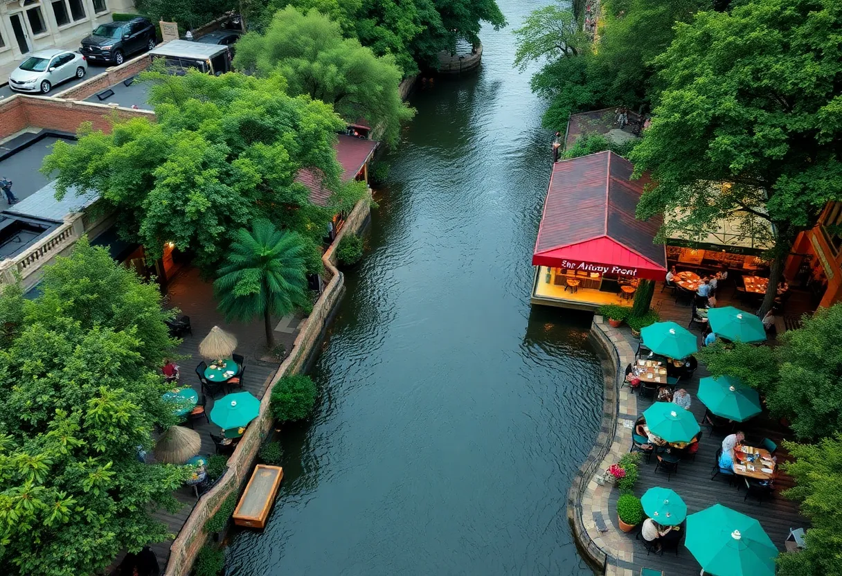 A scenic view of San Antonio River Walk with various dining options