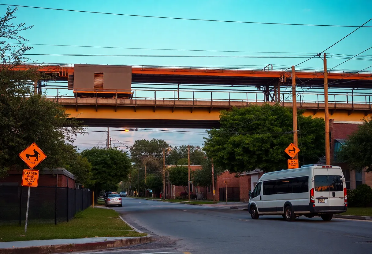 View of a railroad bridge in San Antonio where a rock-throwing incident occurred.