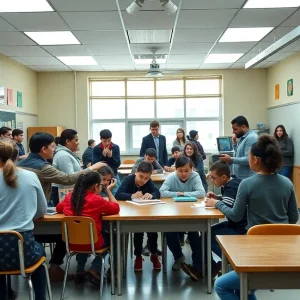 Students and teachers working together during a windy storm