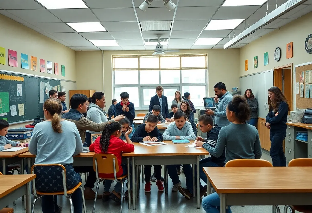 Students and teachers working together during a windy storm