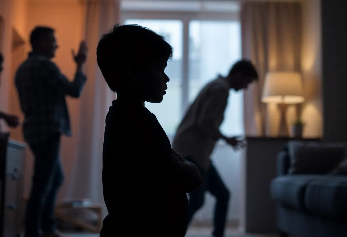 Silhouette of a protective young boy amidst an argument