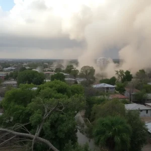 Image of destruction from severe winds in San Antonio, showing damaged buildings and debris