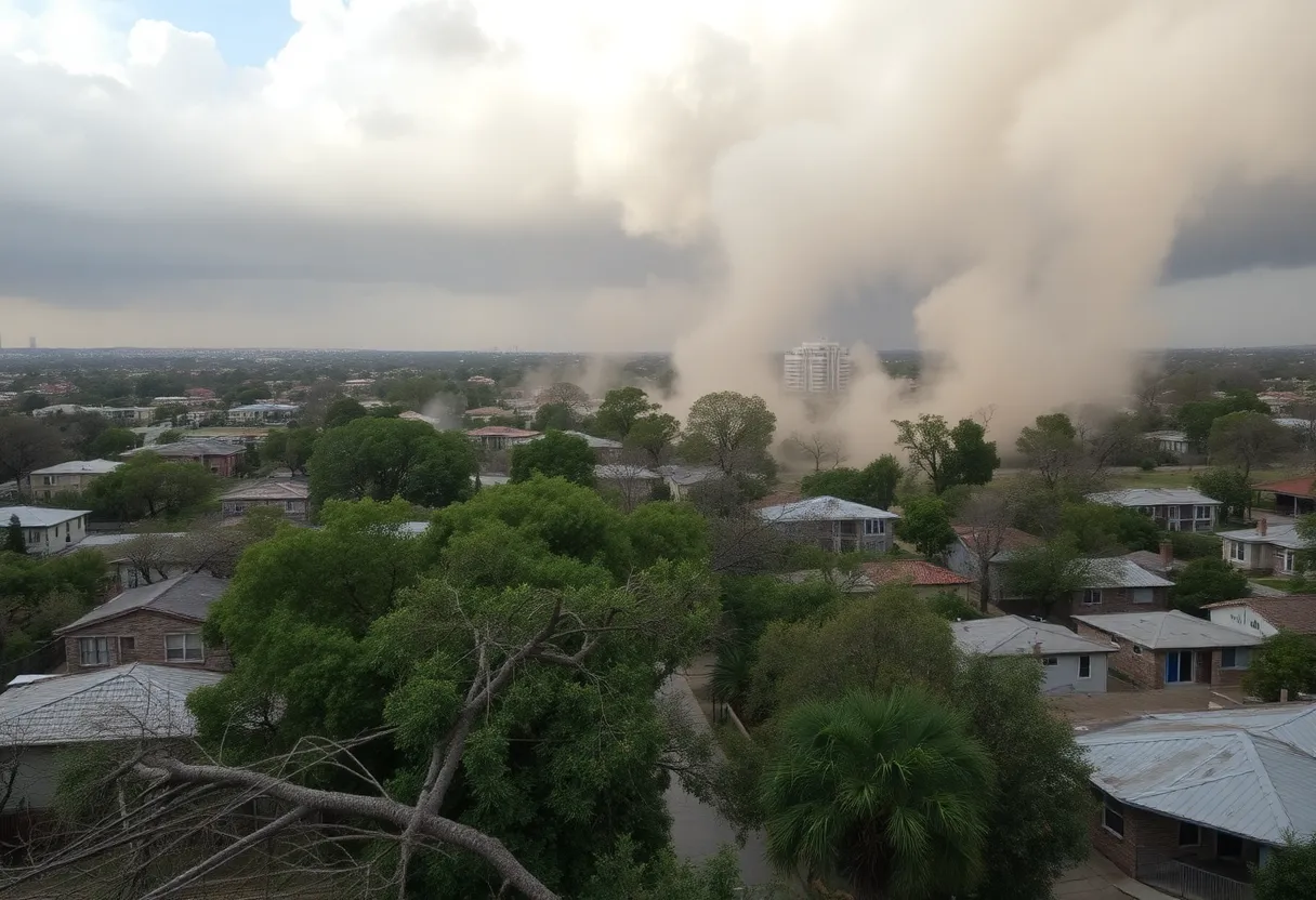 Image of destruction from severe winds in San Antonio, showing damaged buildings and debris