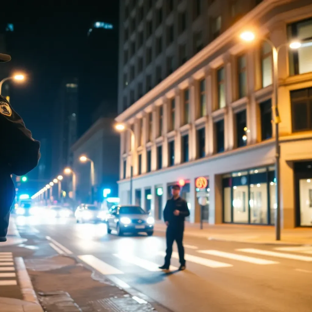 Nighttime view of a San Antonio street showcasing safety measures.