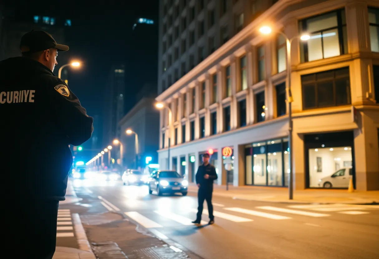 Nighttime view of a San Antonio street showcasing safety measures.