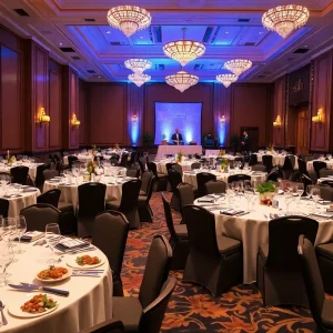 Culinary event setup with tables and gourmet dishes