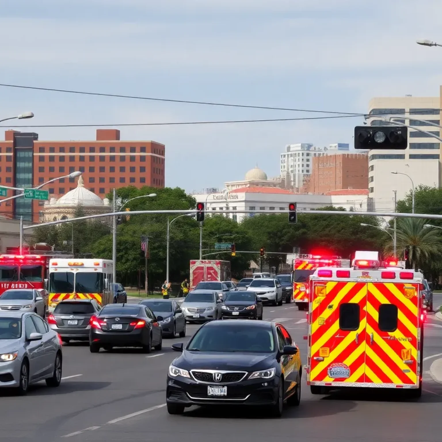 Emergency response teams at a traffic accident site in San Antonio