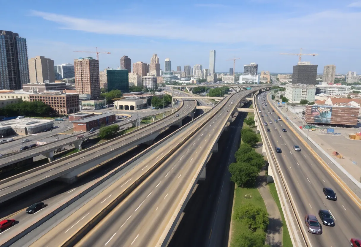 A view of San Antonio with transportation infrastructure and ongoing urban development.