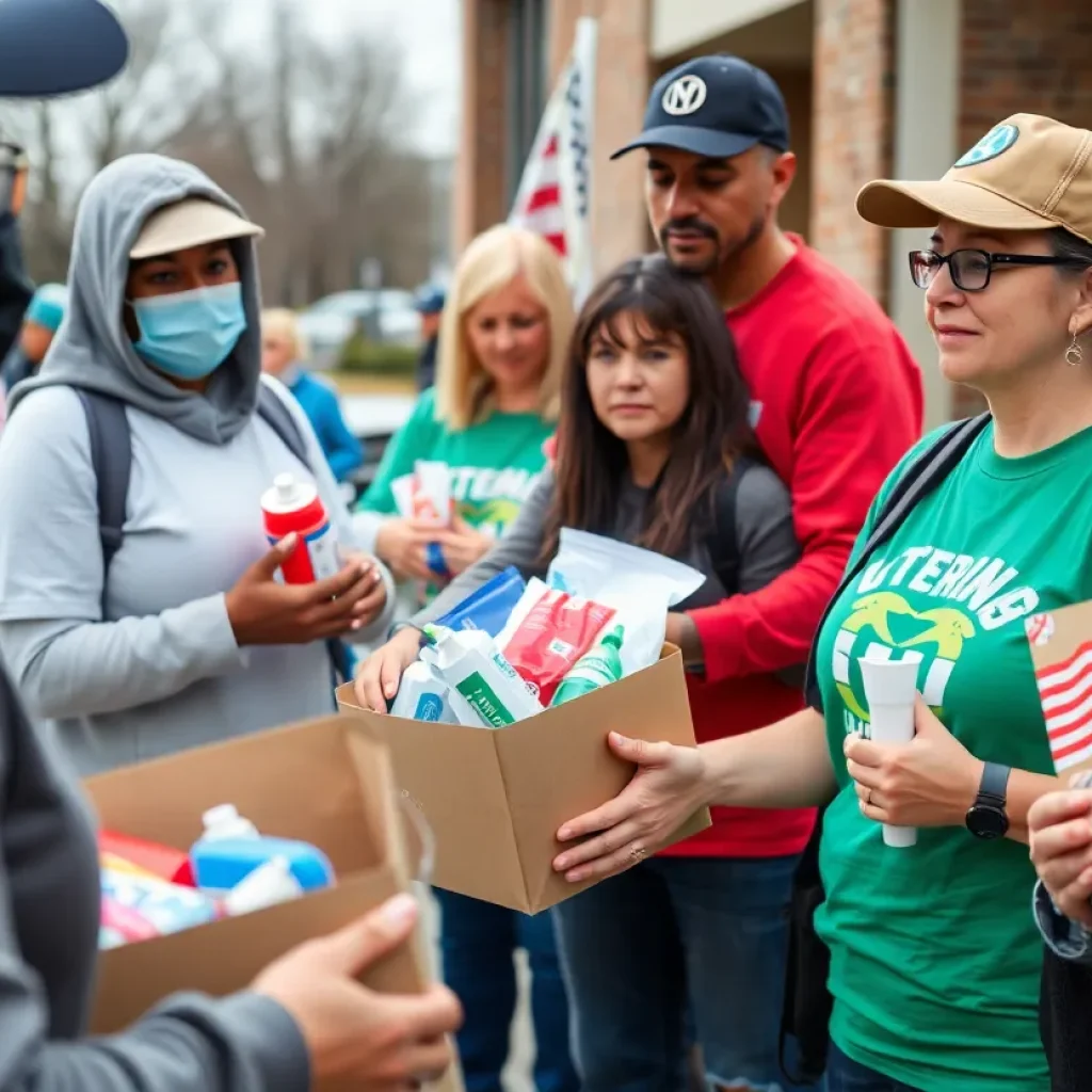 Volunteers distributing hygiene products to veterans in San Antonio.