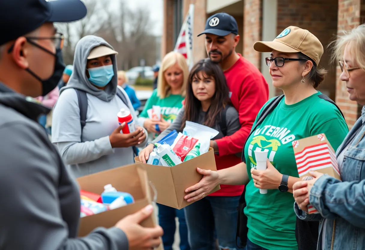 Volunteers distributing hygiene products to veterans in San Antonio.