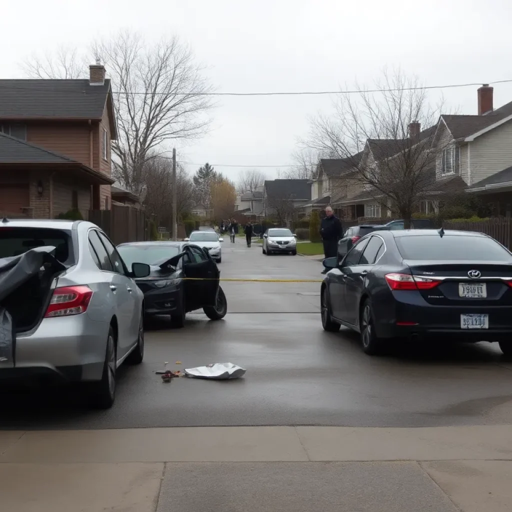 Damaged vehicles in a San Antonio neighborhood after a violent dispute.