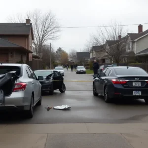 Damaged vehicles in a San Antonio neighborhood after a violent dispute.