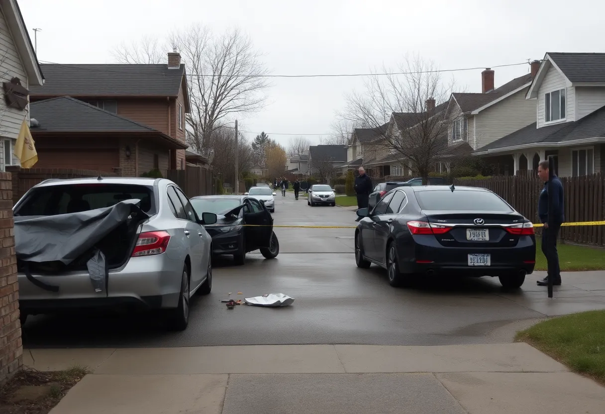 Damaged vehicles in a San Antonio neighborhood after a violent dispute.