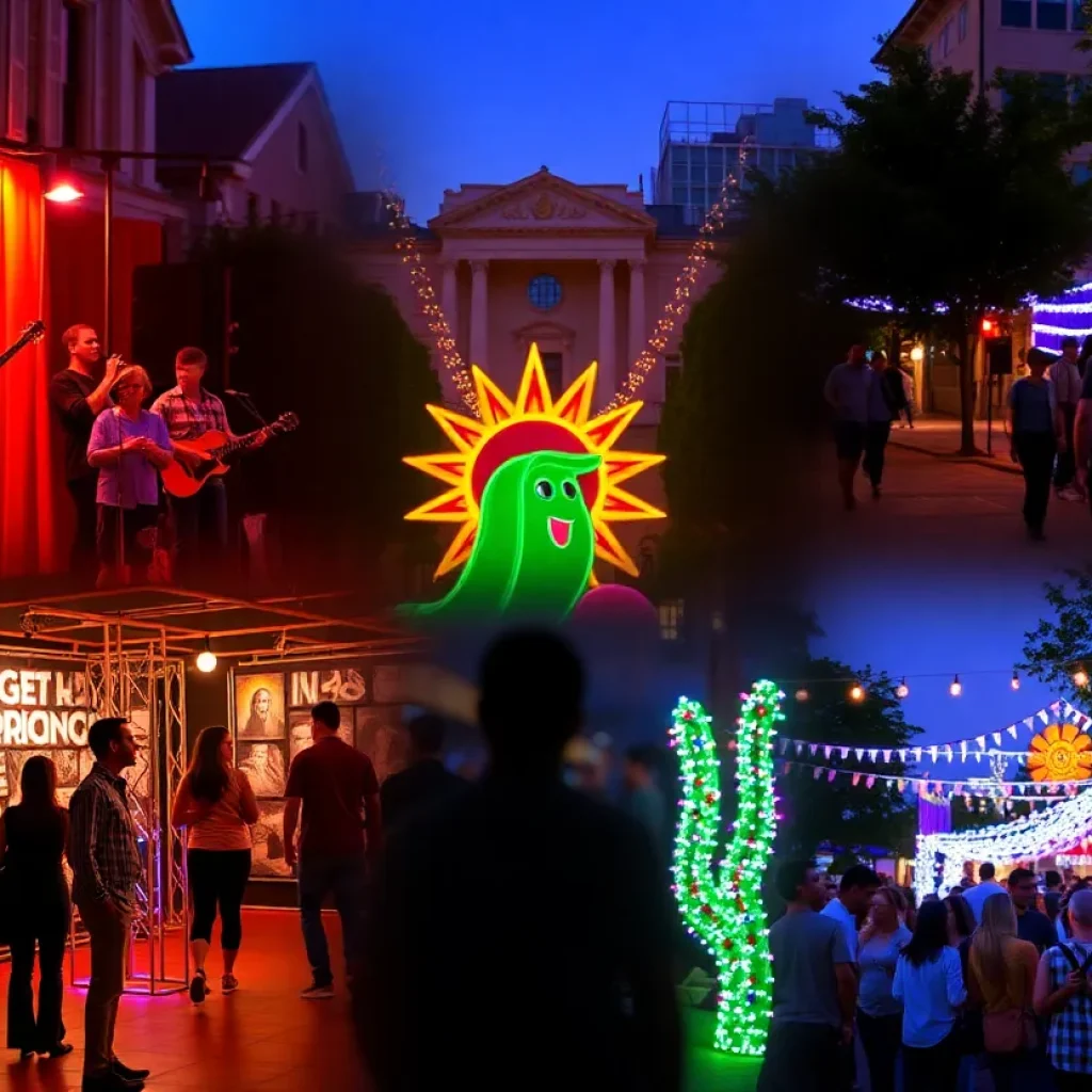 A collage depicting various weekend events in San Antonio with live music and festive activities.